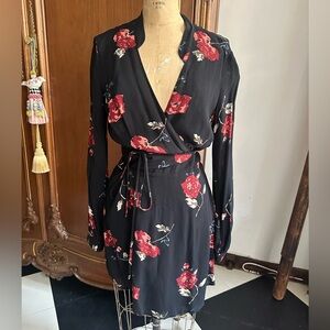 Reformation Black Floral Wrap Dress with Red Rose Print Size Medium